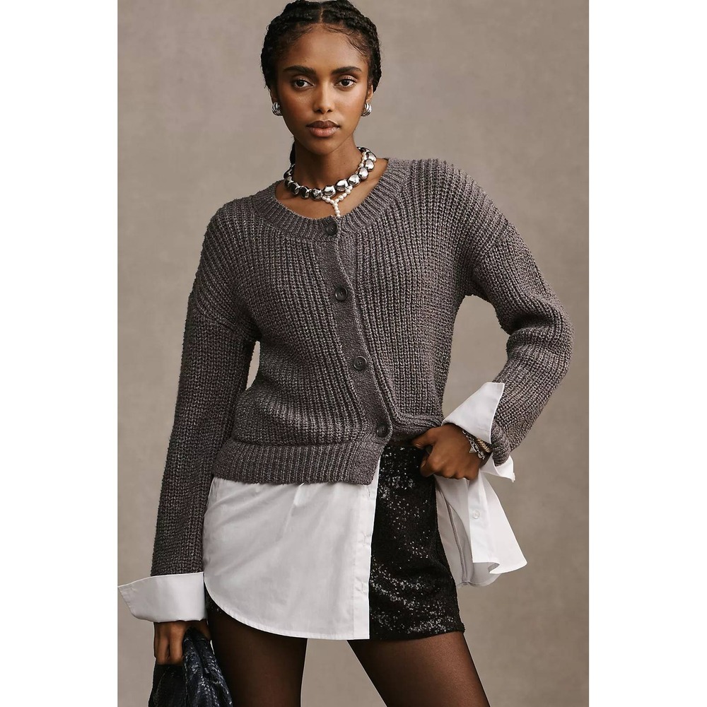 By‎ Anthropologie Cropped Twofer Cardigan Sweater Layered Grey Knit Sweater Top